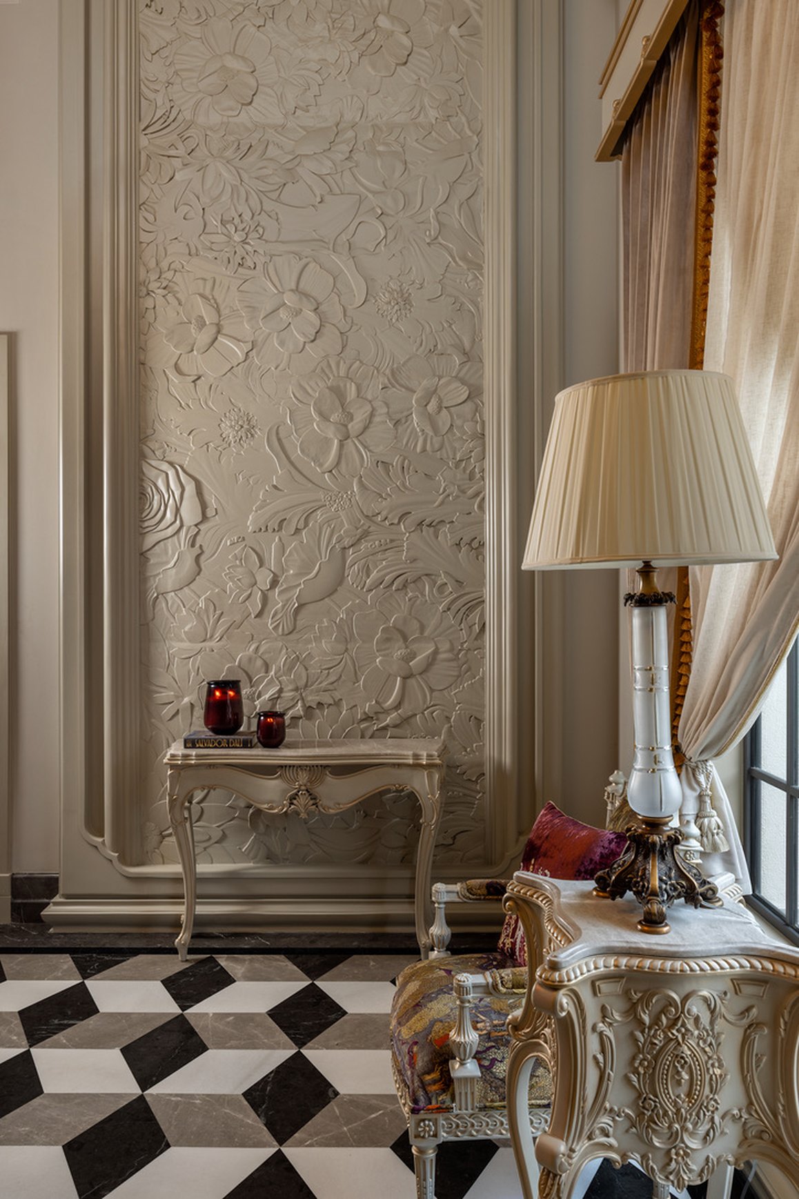 Floating white staircase with brass railings